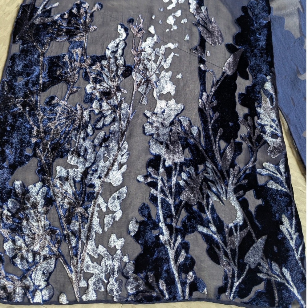 Navy Blue Silk Burnout Velvet Floral Scarf Art to Wear Luxury Botanical Devore